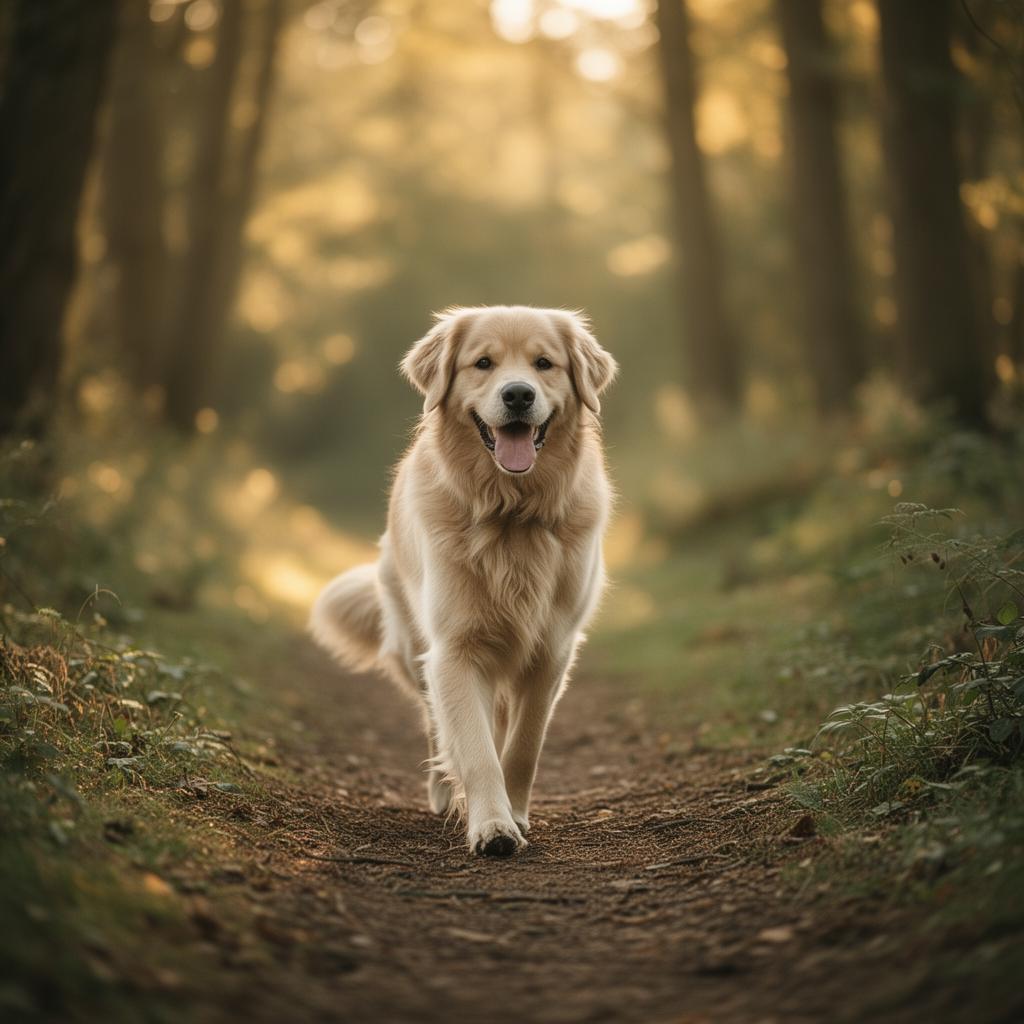 A happy dog walking on a sunlit woodland path